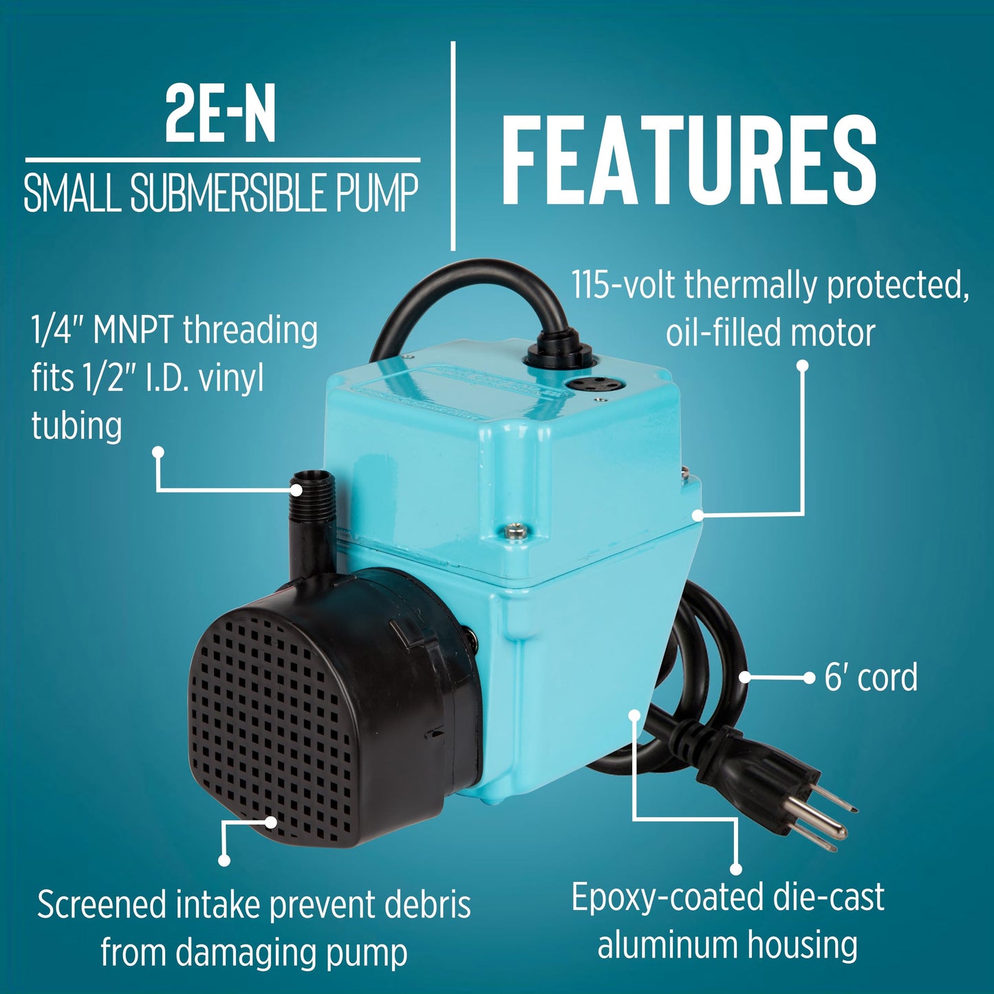 Little Giant 2E-N 300 GPH 115-Volt Manual Oil Filled Submersible Aluminum Direct Drive Submersible Pump, Blue, 502103