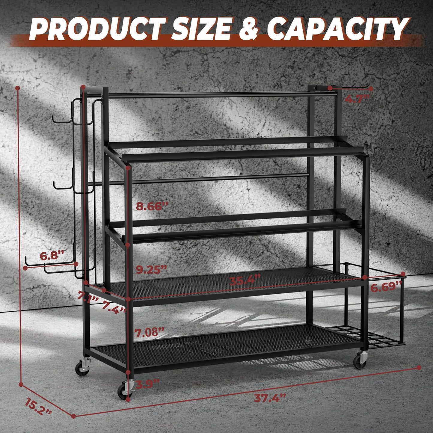 XL Dumbbell Rack Weight Stand - Upgraded 4-Tier Adjustable Weight Rack for Dumbbells, Home Gym Storage Rack for Yoga Mat Kettlebells, Workout Equipment Storage Organizer With Wheels and Hooks