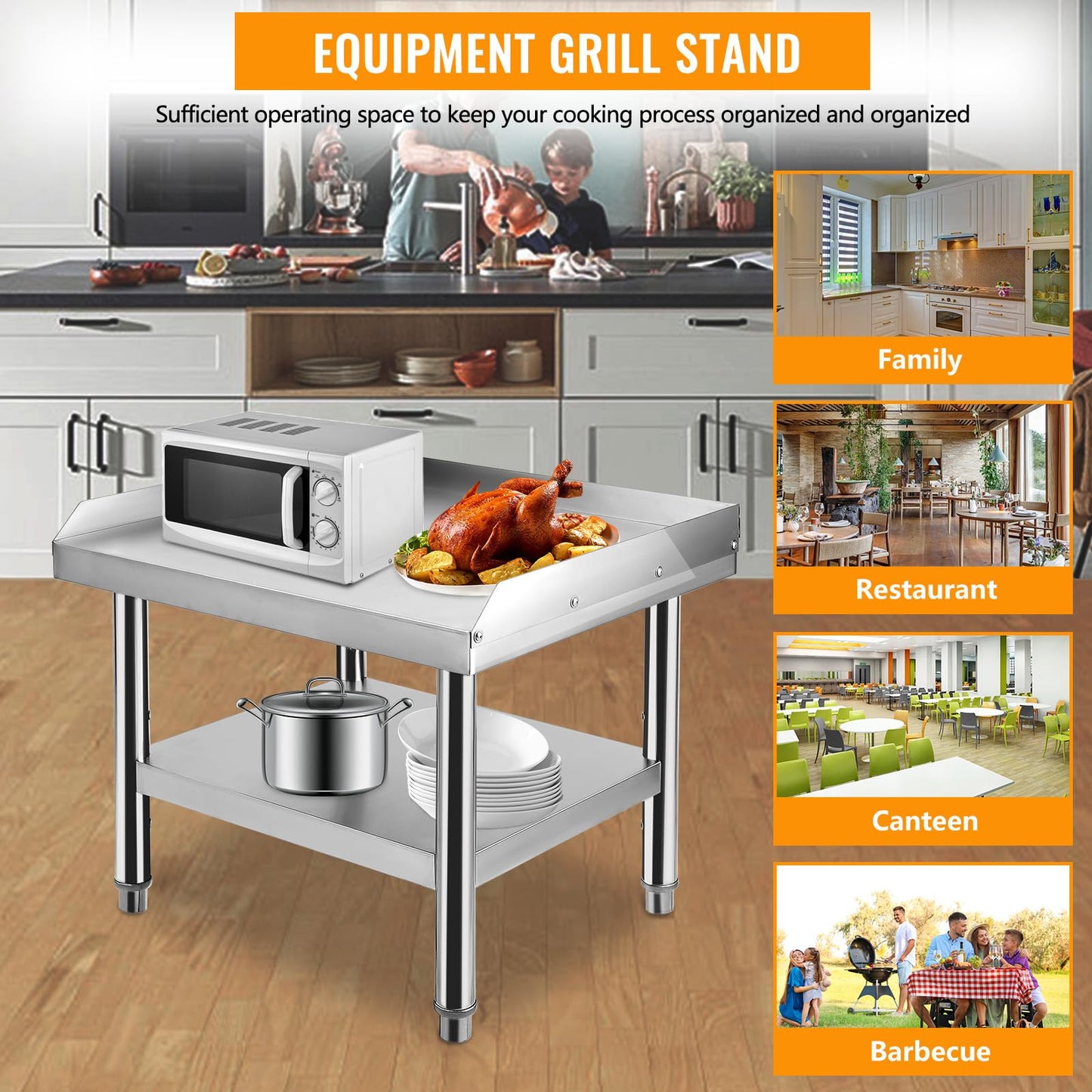 MOVECOM Stainless Steel Equipment Grill Stand Table 24x24x24 inch, 1000 lbs Top Shelf, 220 lbs Bottom Shelf, Adjustable Legs, 2" Edge Baffle, for Hotel, Home, Commercial Restaurant Kitchen