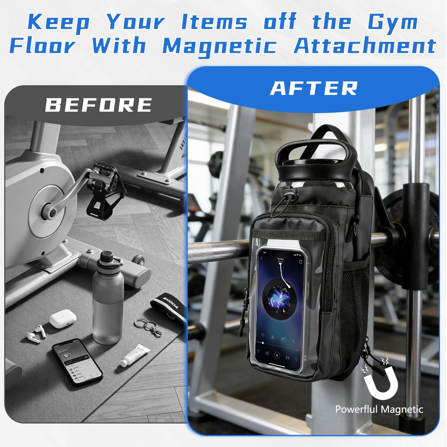JACZZO Magnetic Gym Bag, Magnetic Gym Water Bottle Bag with Strap 4 Strong Magnets, Upgraded Clear Design Phone Bag, Gym Gifts for Men & Women Gym accessories (Black)