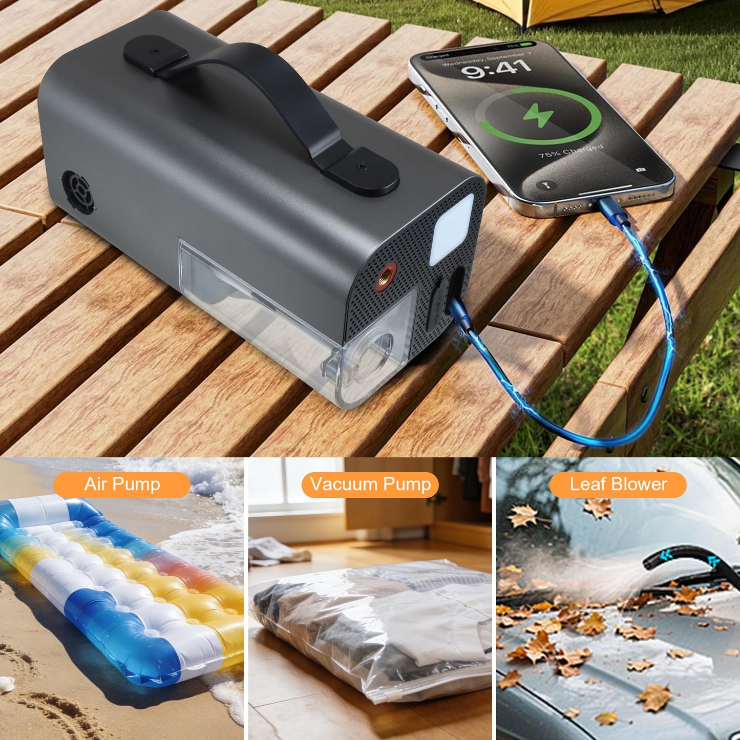 Tire Inflator Portable Air Compressor,2000A Battery Car Jump Starter, Auto Shut-Off,160PSI Air Pump with Tire Gauge Pressure&LED Light,15000PA Vacuum with Suction &Blow, for Cars, Motorcycles, Balls