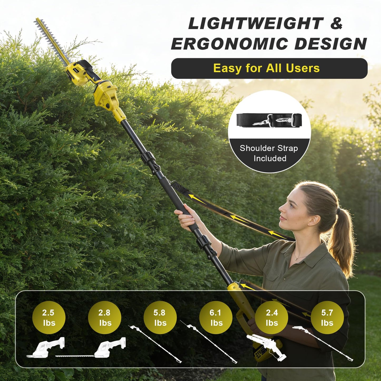 6-IN-1 Cordless Pole Saw & Pole Hedge Trimmer, Dual 4.0Ah Batteries, 8" Brushless Pruning Saw& 16" & 6" Electric Hedge Trimmer Grass Shears, Bush Trimmer, 14.8FT Reach Electric Tree Trimming Kit
