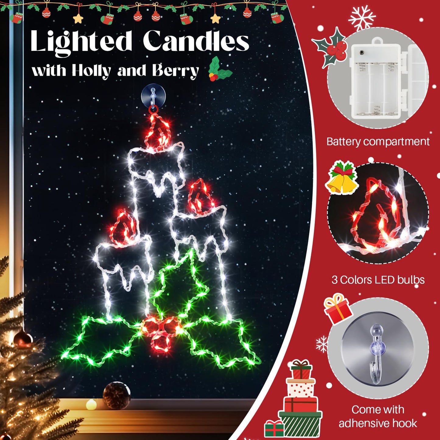 Enhon Christmas Window Silhouette Light, Battery Operated, 8 Modes, Timer, 15.8in, White/Red/Green, Model SO-Enhon-2398