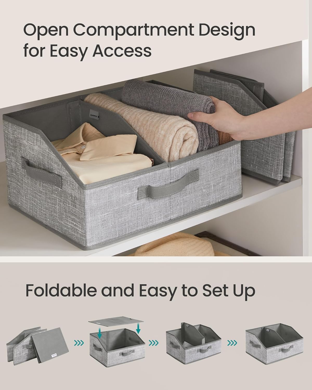 SONGMICS Storage Baskets Set of 6 - Foldable Fabric Bins with Removable Dividers | 15.7 x 11.8 x 7.9 Inches, Cattail Gray