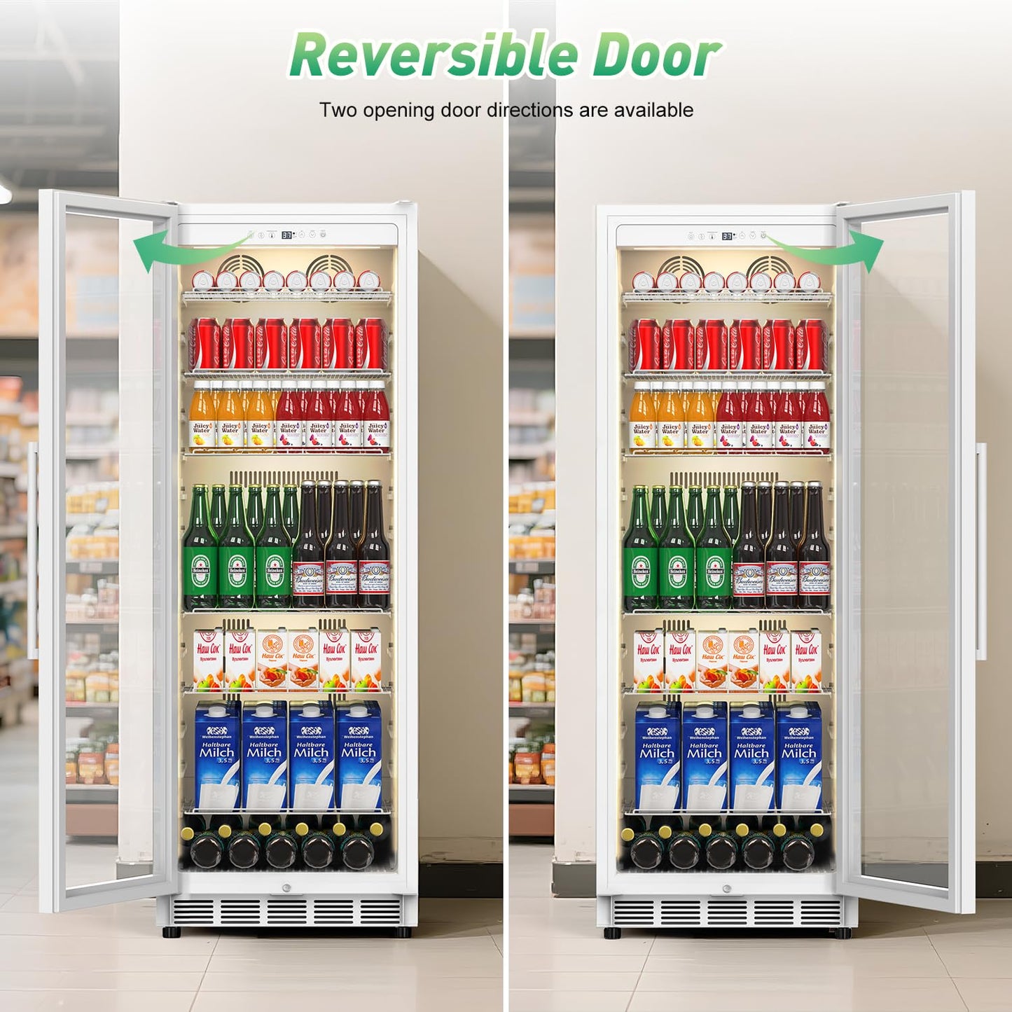 Velivi Commercial Merchandiser Refrigerator, 13.8 Cu Ft Display Beverage Fridge with Glass Door Upright Cooler with LED Light Low Noise, Fast Cooling for Shop, Restaurant, Office (White)