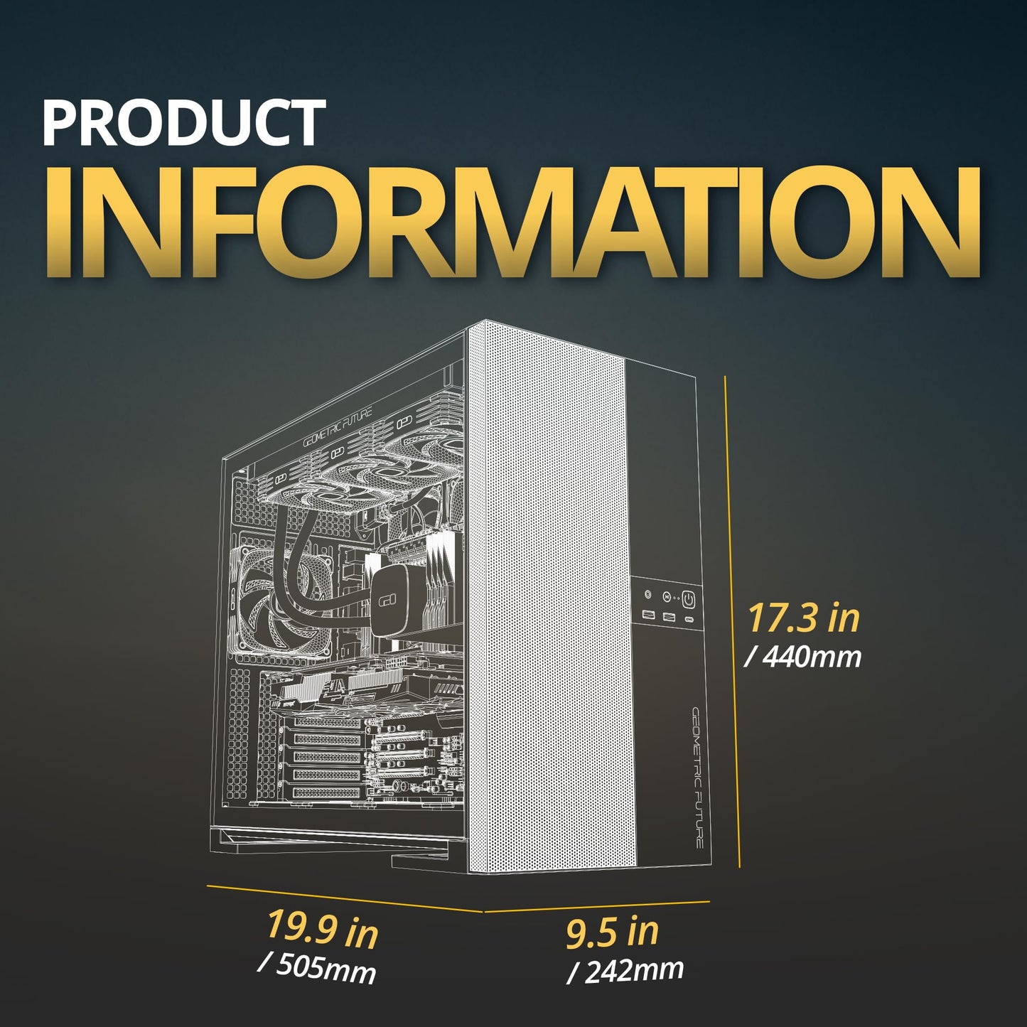 Geometric Future M5 Vent Mesh Panel Tempered Glass Mid Tower, E-ATX/ATX Gaming Case, High Airflow, 1.2mm Steel, Type C, Support 420/360 Radiator, ARGB PWM 140m fan x 5 Pre-Installed, Black, GEO-M5VF-B