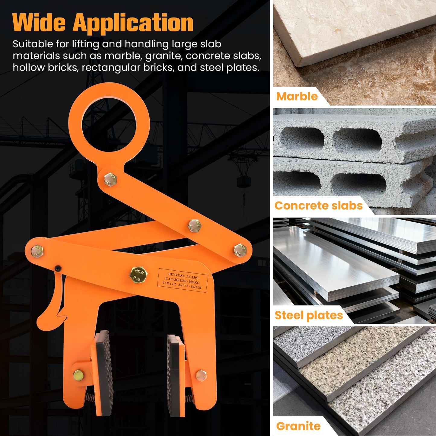 HEYVOZE 860 lbs Granite Slab Lifting Clamp, 1.2–3.4 in Opening A-Type Stone Lifting Clamp, for Stable Handling of Granite, Marble, and Concrete Slabs