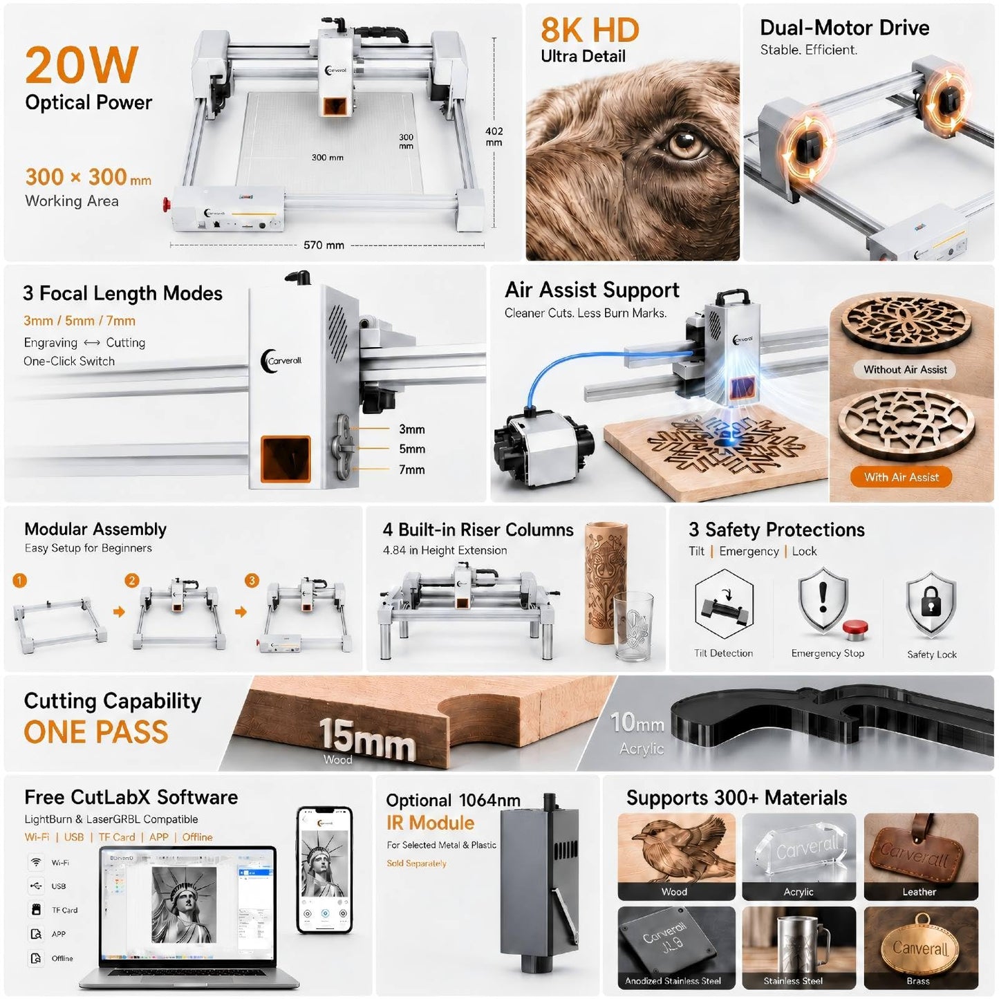 Carverall X1/JL9 20W Laser Engraver and Cutter with Air Assist, Laser Engraving Machine for Wood Metal Acrylic Glass Stone, Powerful DIY CNC Laser Cutter 11.8" x 11.8" 20000mW Class1