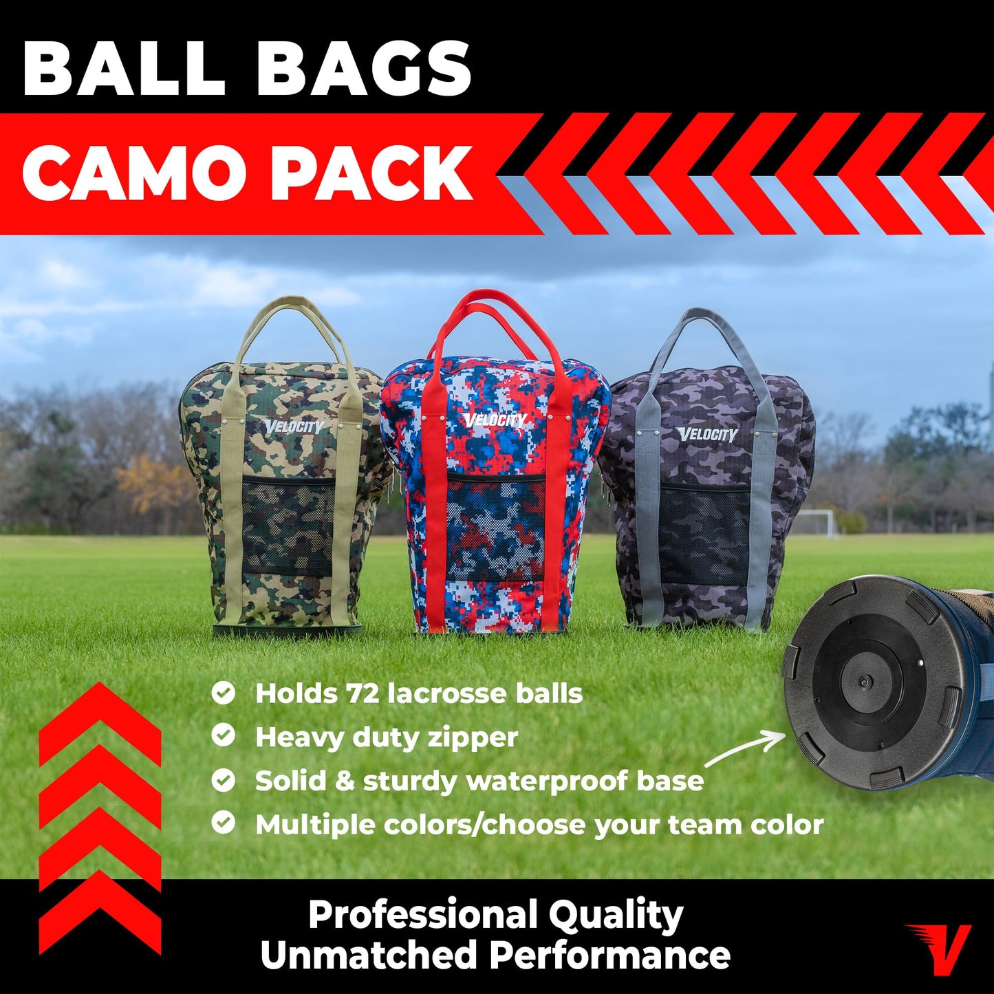 Velocity Heavy Duty Multipurpose Ball Bag with Durable Bottom - Holds up to 60-72 Balls - Ideal for Lacrosse, Baseball, Pickleball, Tennis & More, Black Camo, 6-Pack
