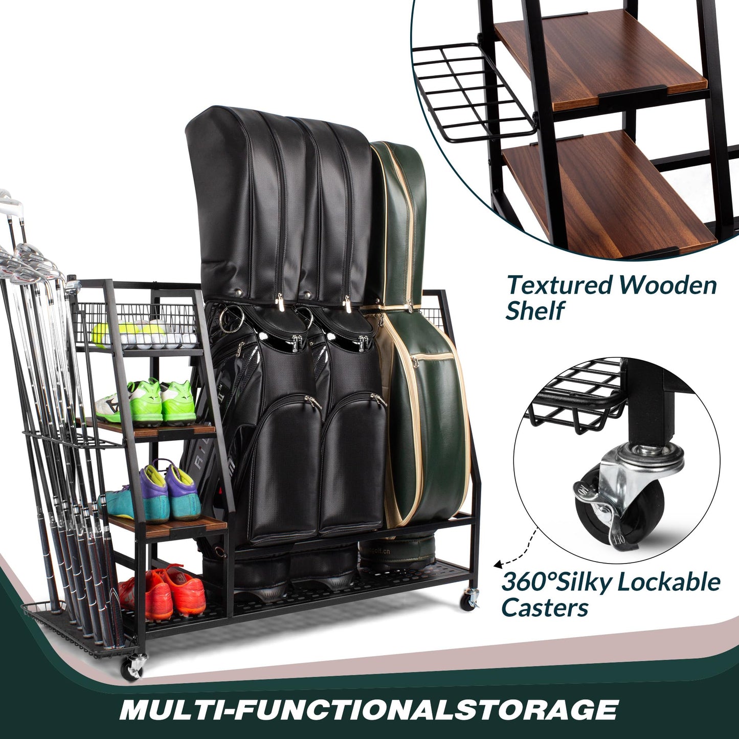 Sttoraboks 3 Golf Bags Storage Garage Organizer, Golf Bag Rack Fits 3 Golf Bags and Golf Equipment Accessories, Golf Club Storage Stand with Wooden Shelf and Lockable Wheels for Garage Indoor Basement
