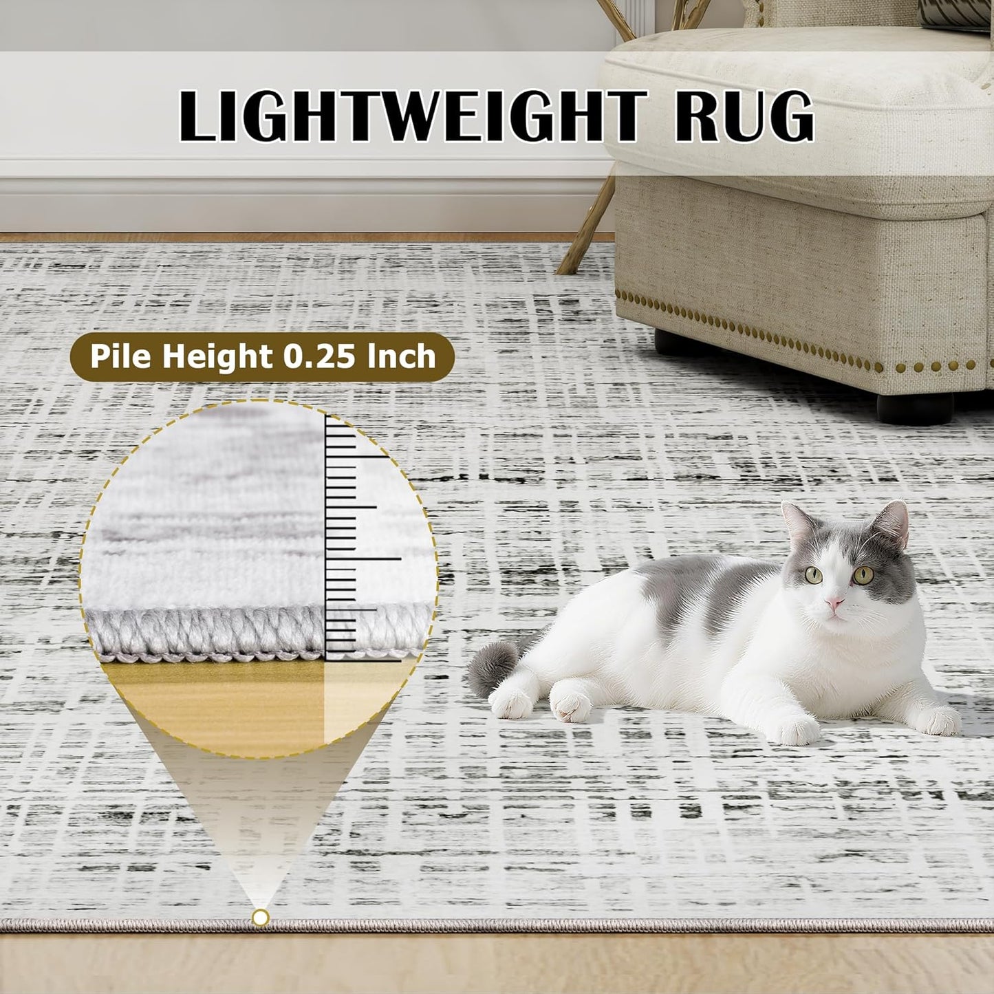Skiennix 8x10 Area Rug - Washable Anti-Skid Abstract Design for Living Room | Soft Non-Shedding Carpet (White Gray)