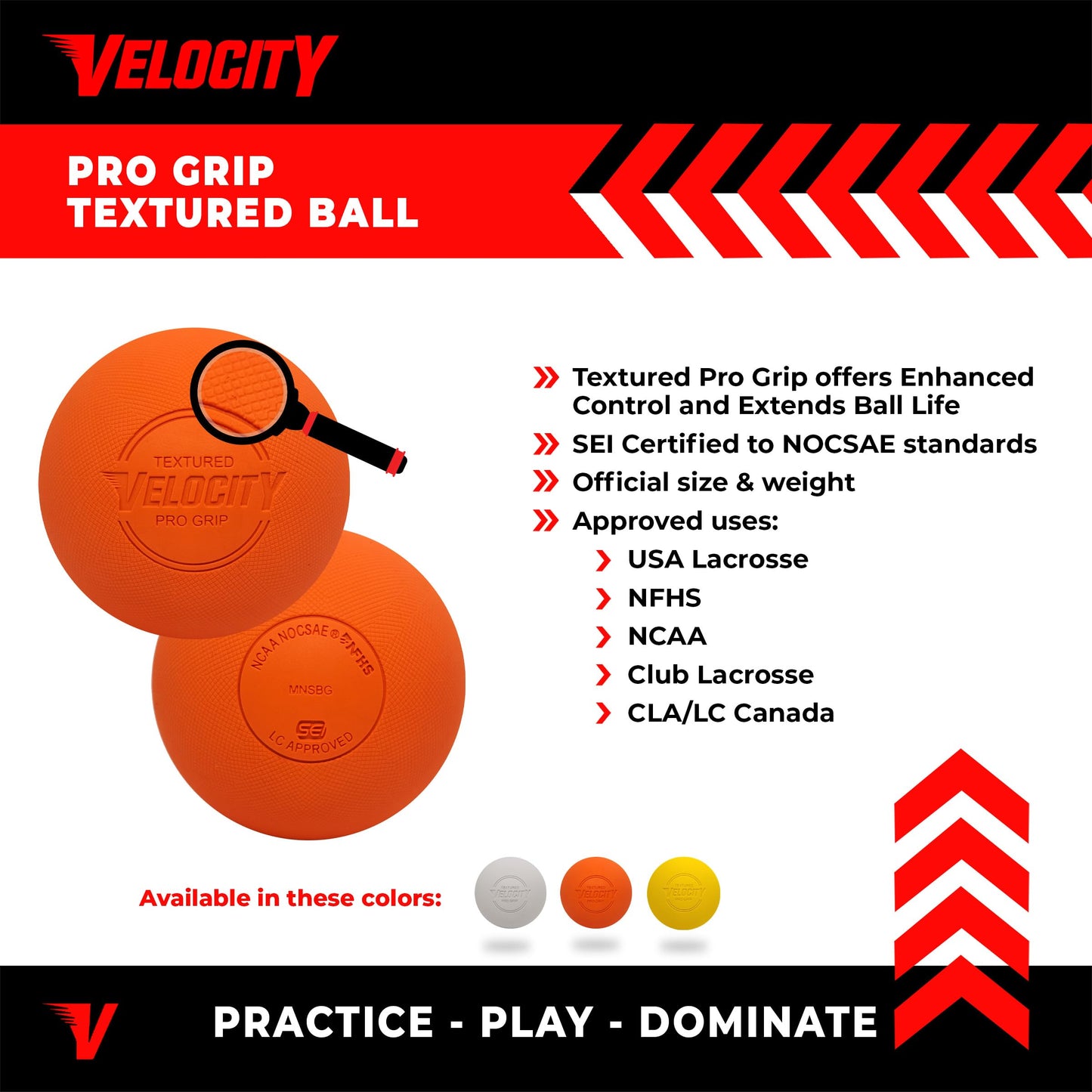 Velocity Pro Grip Lacrosse Balls - 6, 12, 18, 60 and 120 Packs - Certified for Youth, Club, High School, CLA, and College Game Play - Orange
