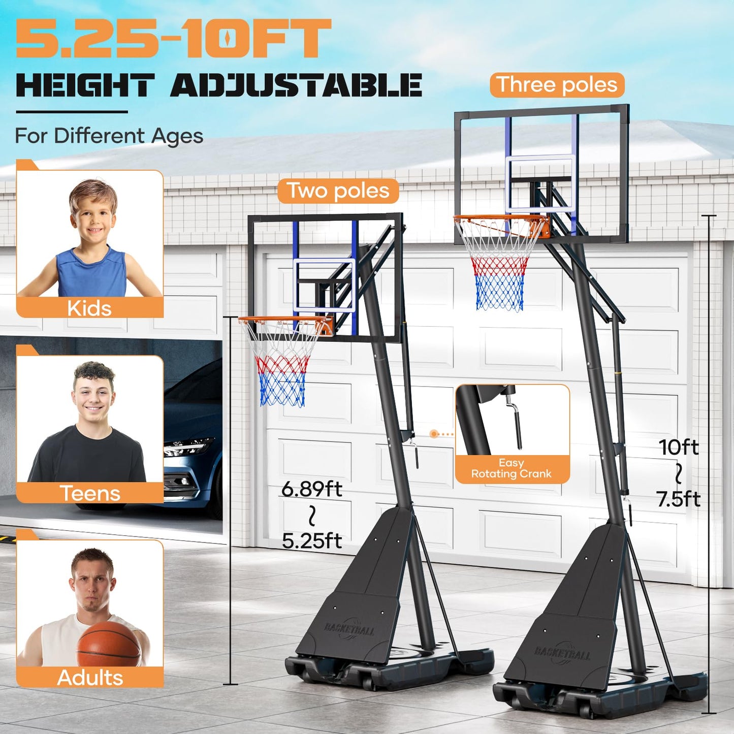 Asbest Adjustable Basketball Hoop Outdoor 10FT with 44/48 Inch Backboard, Portable Basketball Hoops & Goals Outdoor with Stepless Crank, for Youth Adults Kids
