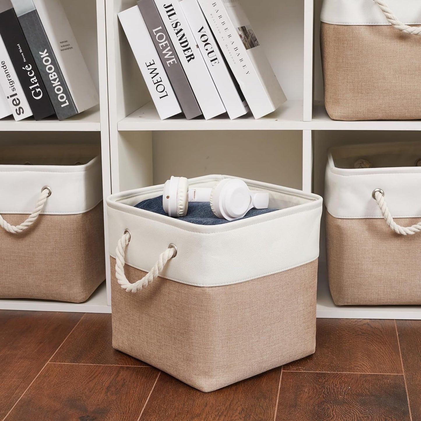 Skiennix 11 x 11 Inch Storage Cubes - 6 Pack Large Collapsible Fabric Bins for Home & Office | White & Beige