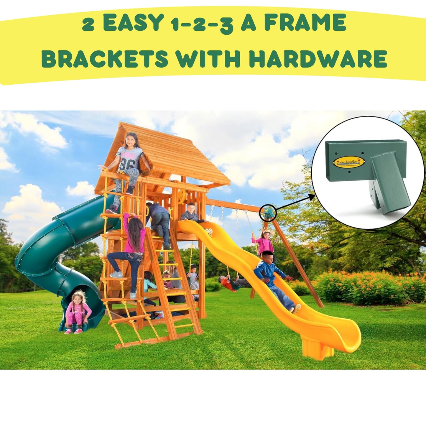 Eastern Jungle Gym DIY Swing Set Hardware Kit with Easy 1-2-3 A-Frame Brackets, Swing Seats, Ring Trapeze Bar and All Assembly Hardware and Instructions - Wood Not Included