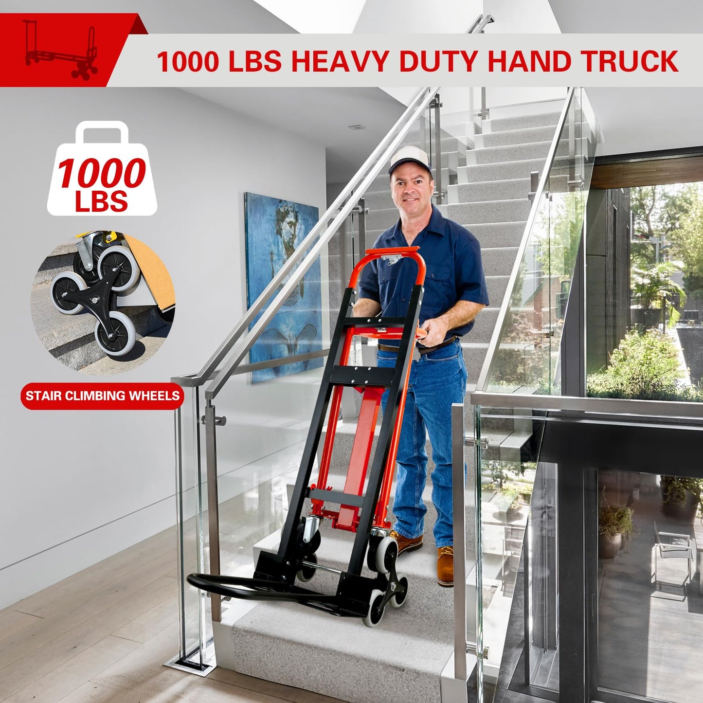 SOUTHHELP 3 in 1 Industrial Convertible Hand Truck Dolly,1000 LBS Capacity Stair Dolly,Stair Climbing Hand Trucks Heavy Duty with Solid Wheels for Moving,Transport in Warehouses,Factory(Red)
