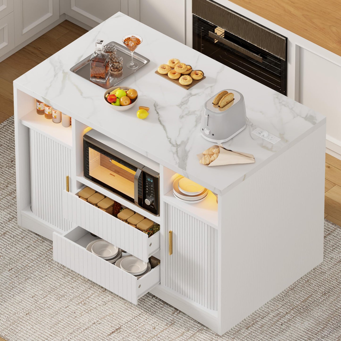 Homiflex Kitchen Island with Storage, Island Table for Kitchen with Power Outlet & LED Light, Rolling Buffet Cabinet with Fluted Sliding Door, 2 Drawers, Large Countertop, White