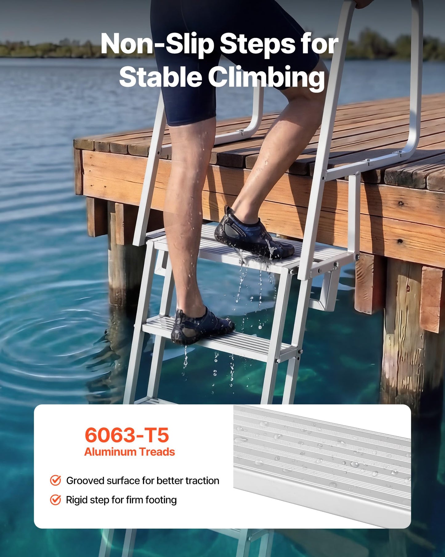 VEVOR Flip-Up Dock Ladder, 5-Step, Heavy-Duty Aluminum Alloy Pontoon Boat Swim Ladder, with Non-Slip Wide Steps, 350 lbs Weight Capacity, Pull Rope Assist, Comfort Use for Lake Pool Marine Boarding
