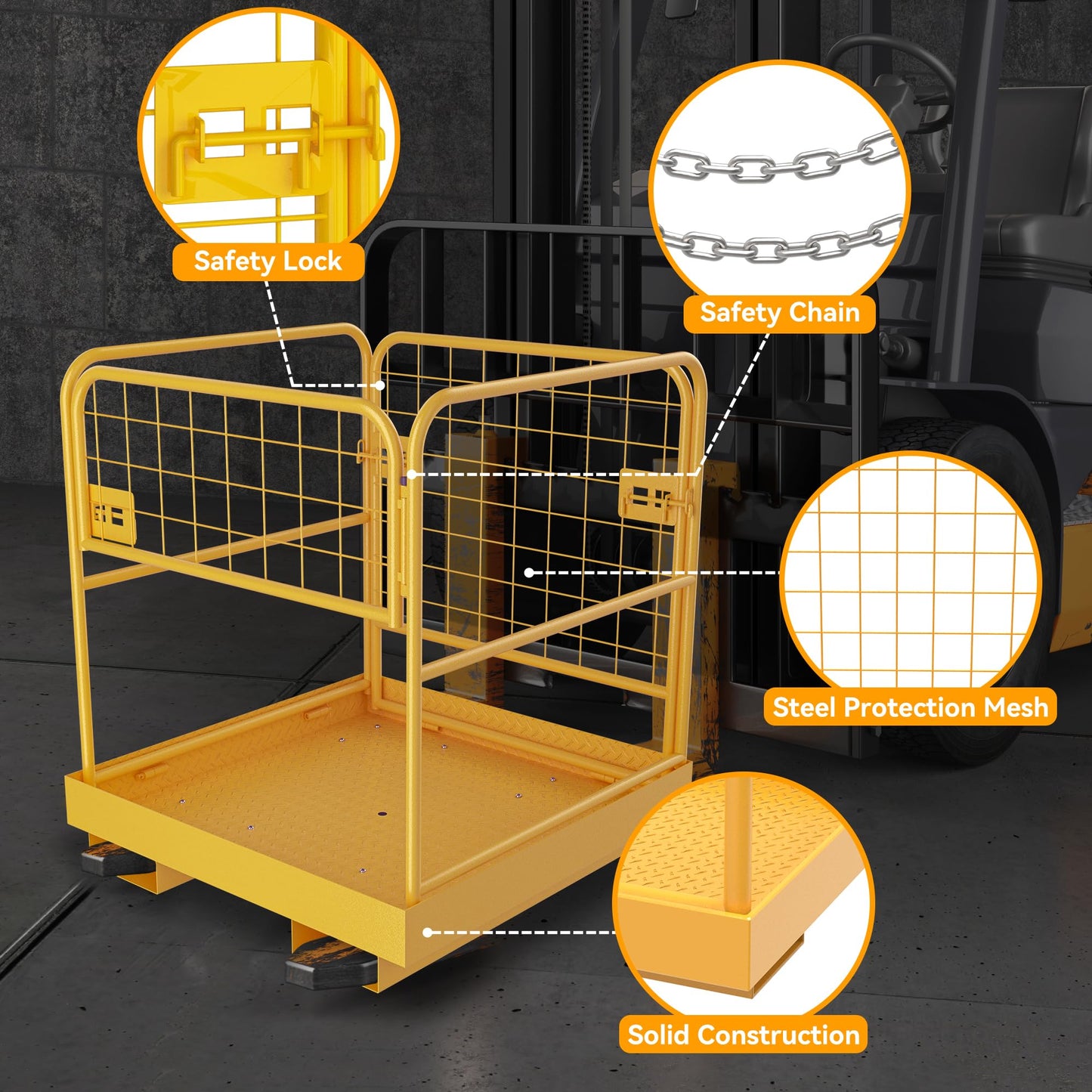 YINTATECH 36"x36" Forklift Safety Cage, 1150LBS Capacity Heavy Duty Steel Forklift Work Platform,Man Basket with 1 Safety Chains for Aerial Warehouse Maintenance