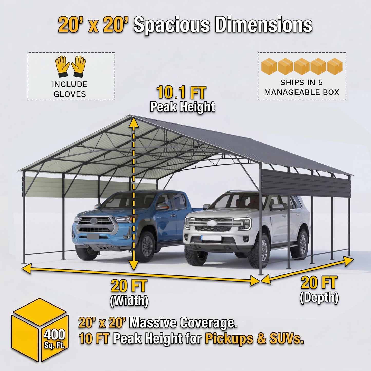 Devoko 20x20 FT Metal Carport, Heavy Duty Car Canopy with Galvanized Steel Roof, Reinforced Base Frame, All-Weather Garage, Outdoor Shelter for Cars, Trucks, Boats, Tractors & RV (Black)