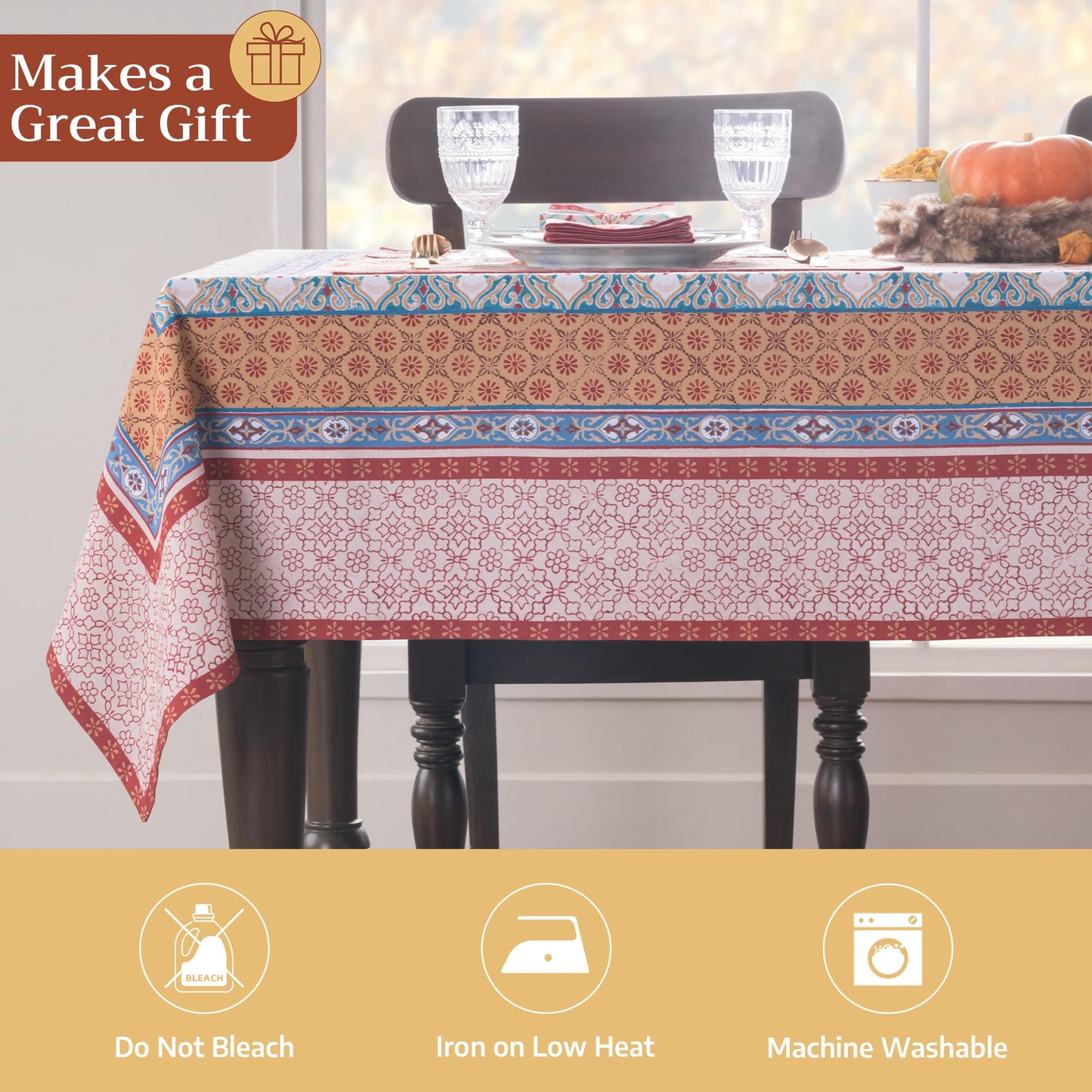 Maison d' Hermine Table Cloth Rectangle Table 100% Cotton 70 x 90 Inches Fall Tablecloth Reusable Everyday Use for Thanksgiving Christmas Decorations Dining Farmhouse Party (Romane)