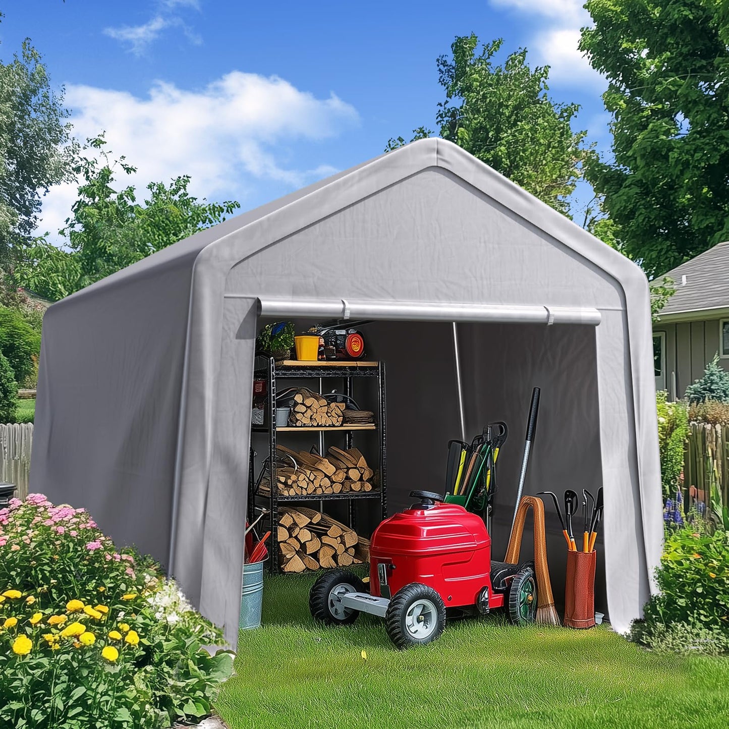 Quictent 8x12FT Long Storage Shed Kayak Shelter with Roll-Up Mesh Windows, Heavy Duty Portable Garage for Canoe, Boat, Tools Waterproof Storage Tent with Reinforced Frame, Sliver Gray