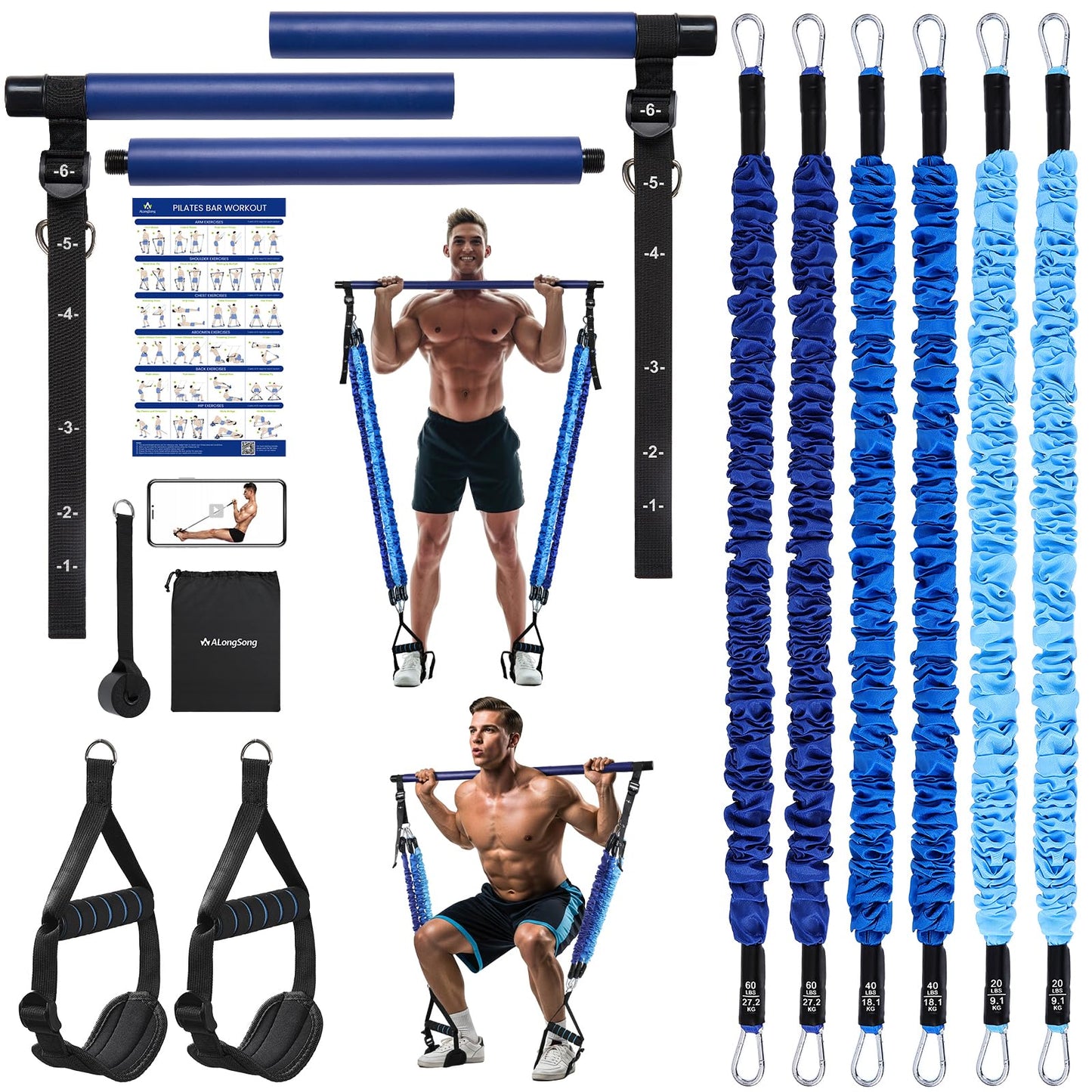 ALongSong Upgraded Pilates Bar Kit with Resistance Bands Natural Latex, Heavy-Duty Stainless Steel Multifunctional Yoga Pilates Stick for Home Gym Exercise Fitness Equipment Full-Body Workouts