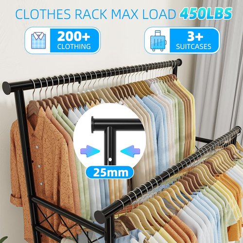 Ekisemio Heavy Duty Clothes Rack, Rolling Clothing Rack With Shelves Load 450 LBS, Double Rod Clothing Racks with Wheels for Hanging Clothes, Black