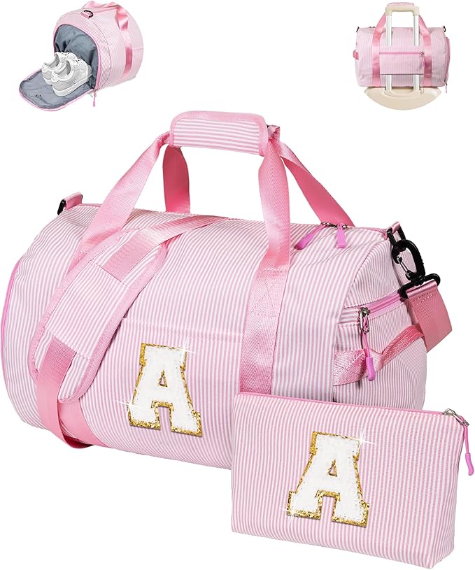 Gift for 11 12 13 14 15 16 Years Old Girls, Girl Gym Bag, Kids Initial Overnight Duffel Bags with Shoe Compartment, Personalized Travel Bag with Makeup Pouch, Cute Birthday Gifts (Letter A)