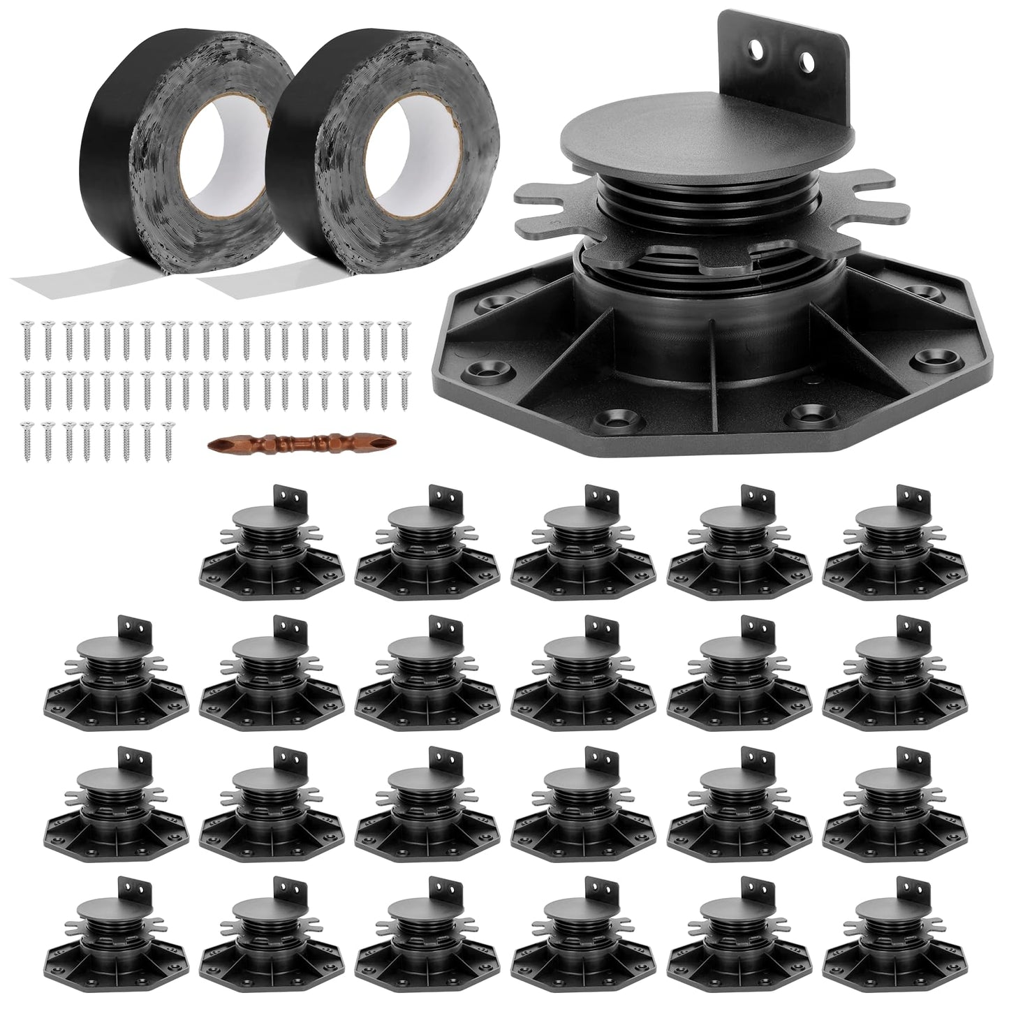 24 Pack Deck Support Pedestal with Joist Tape, Deck Support Plastic Adjustable Height from 1-3/16“ to 2-3/8”, Adjustable Deck Support for WPC Floating Deck Platforms (Unilateral Keel Slot)