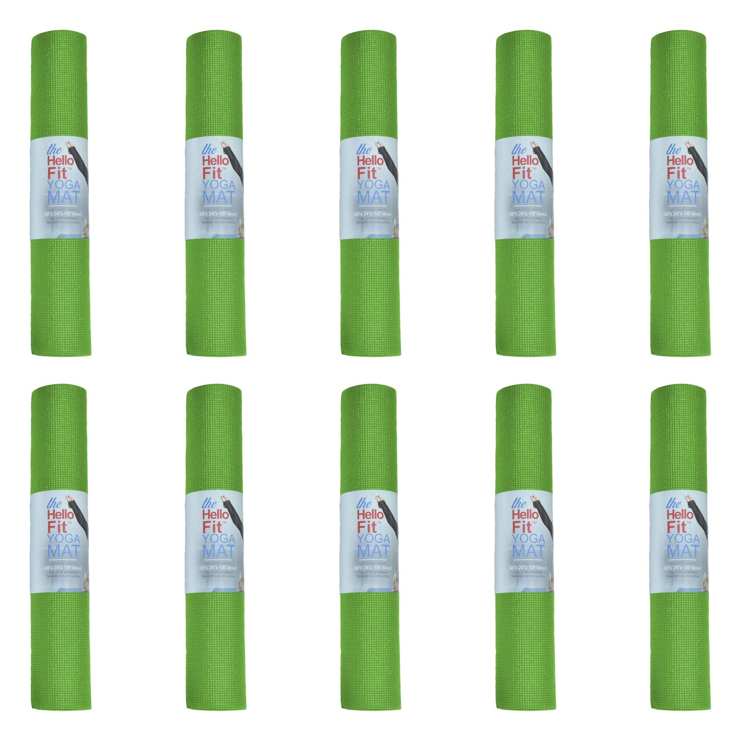 Hello Fit 10-Pack Yoga Mat, 68" x 24" Non Slip Exercise Mat, 4mm Thick Gym Mat for Fitness and Stretching, Bulk Non Toxic Yoga Mats for Schools and Studios, Green