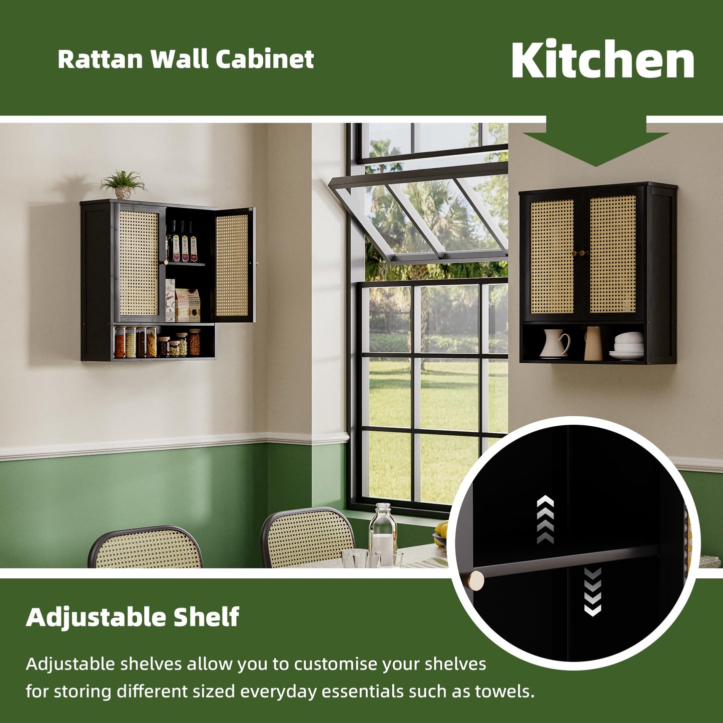 vovala Bathroom Wall Cabinet, Bamboo Over-The-Toilet Storage Organizer with 2 Rattan Doors and Adjustable Shelf, Space Saver Medicine Cabinet for Laundry, Kitchen, Living Room (Black)