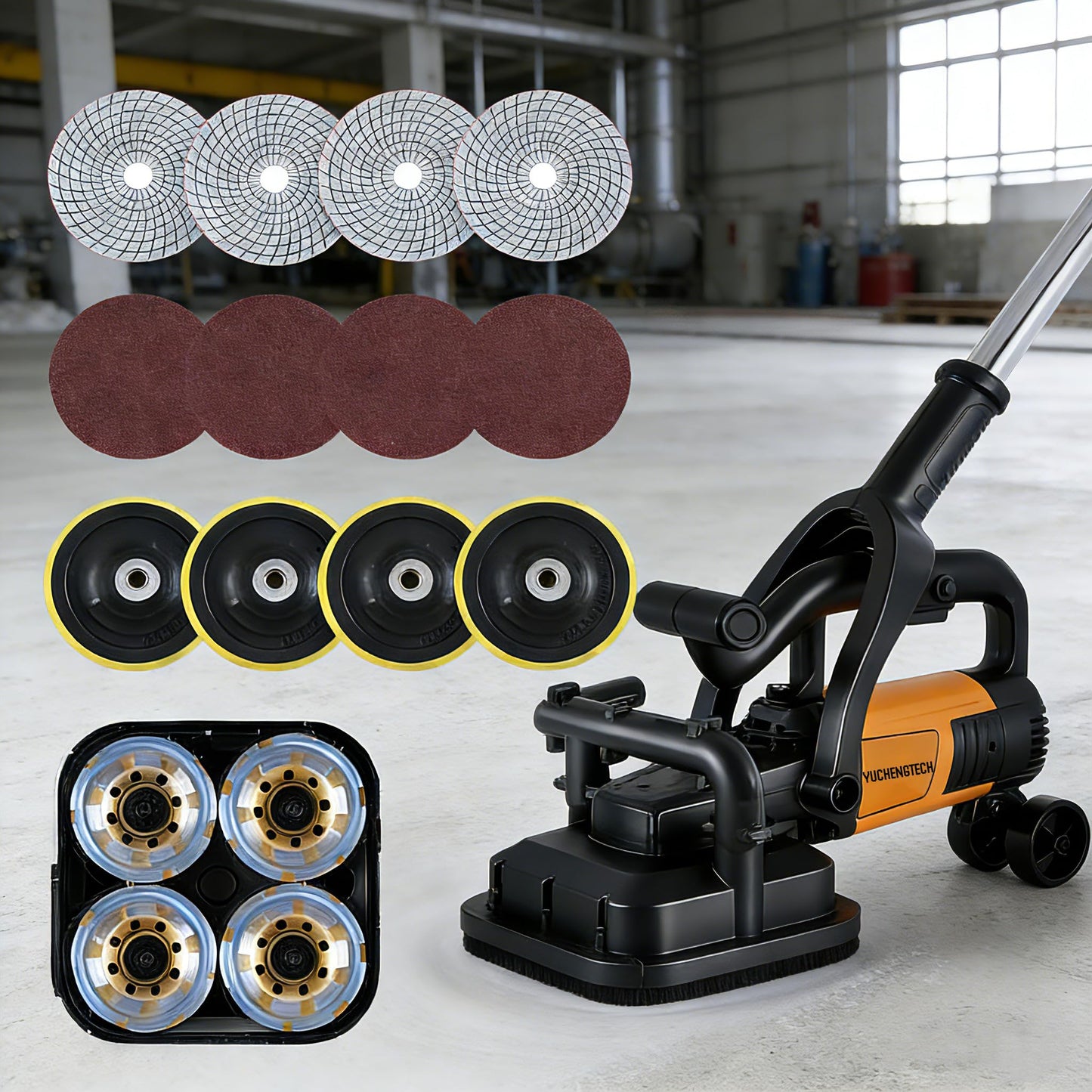 YUCHENGTECH 4 Head Concrete grinder Set 4" Concrete Floor Grinder 3800W Concrete Surface Planer with Dust Extraction Shroud Auxiliary Wheels for Grinding Concrete Cement Marble