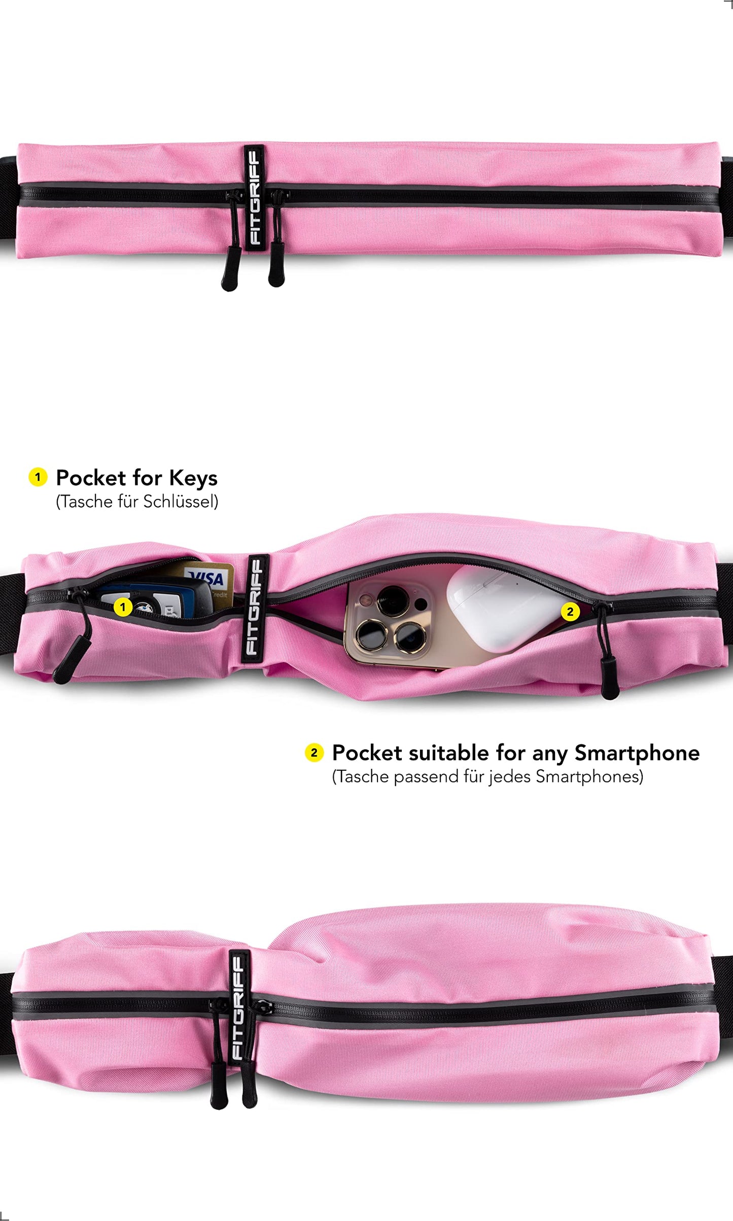 Fitgriff® Running Belt for Men & Women - Secure Jogging Pouch for Phone, Keys & Essentials - For All Cell Phones (Pink, 24.5" - 35.5" Waist Size)
