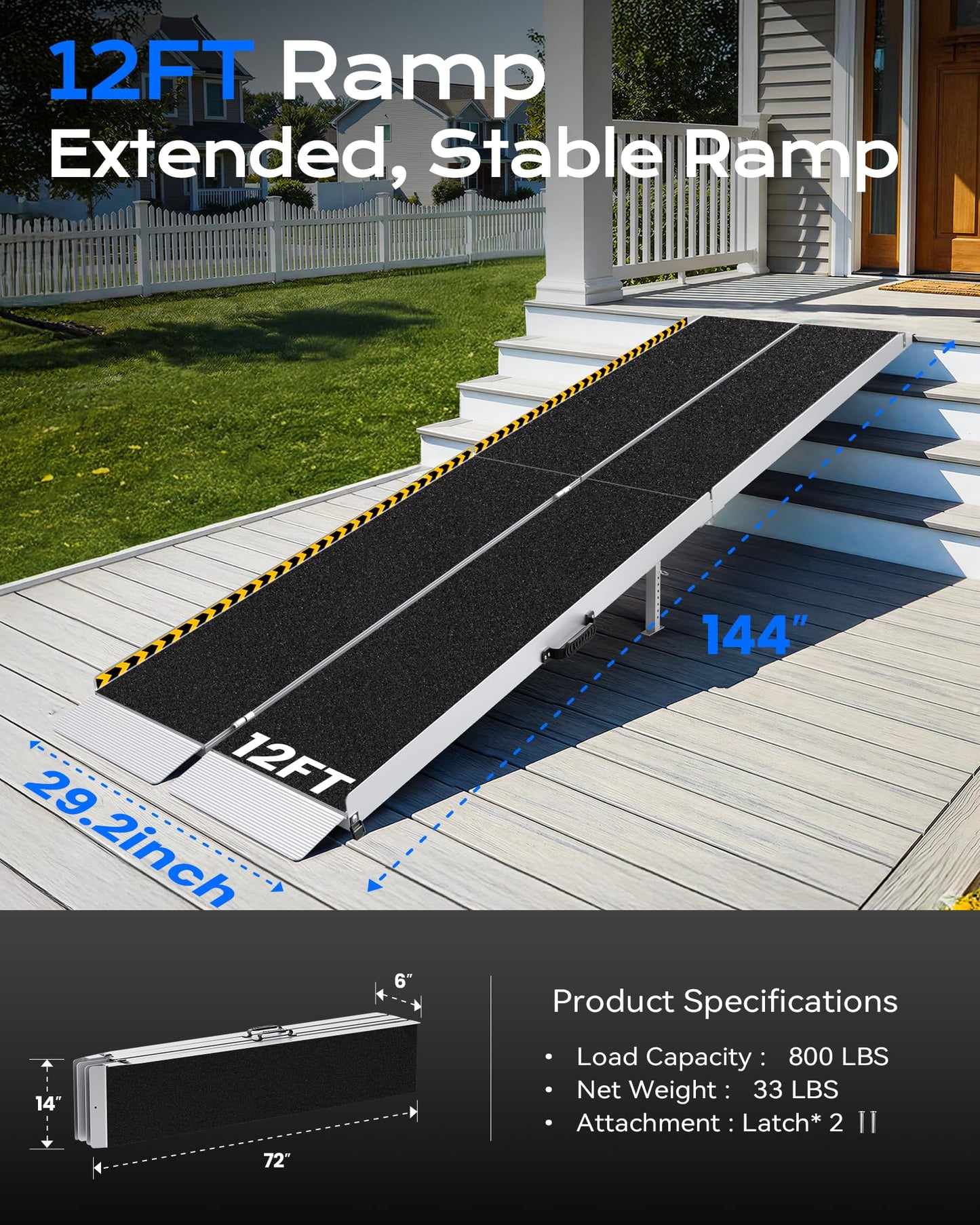 KOLOTOOL Wheelchair Ramp 12FT with Support Legs, Non-Skid Aluminum Ramps for Wheelchairs for Home Steps, 800 LBS Capacity Handicap Ramp for Doorway, Threshold,Front Porch, Entry, Stairs