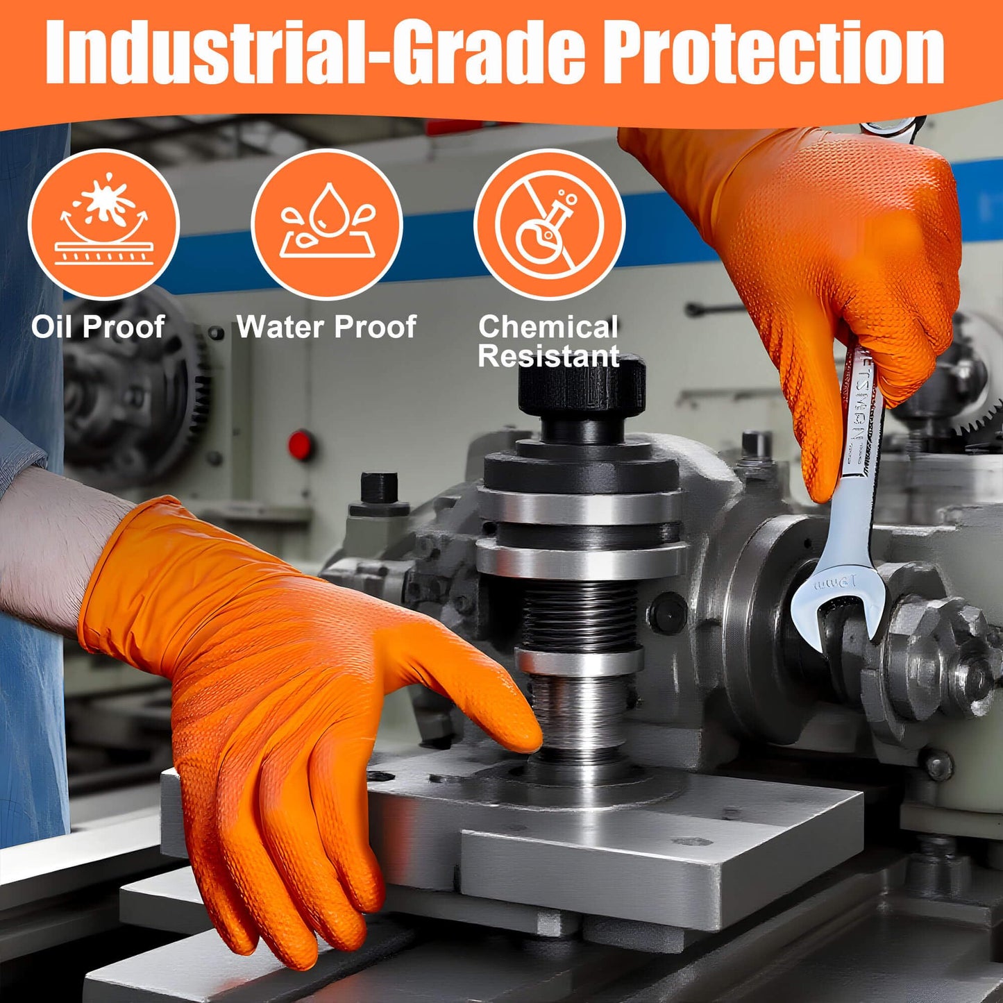 TREEGO Orange Nitrile Gloves 10 Mil Heavy Duty Disposable Latex Free Gloves – Diamond Grip Mechanic Gloves for Automotive Construction Work, Medium, 1000 Count Case
