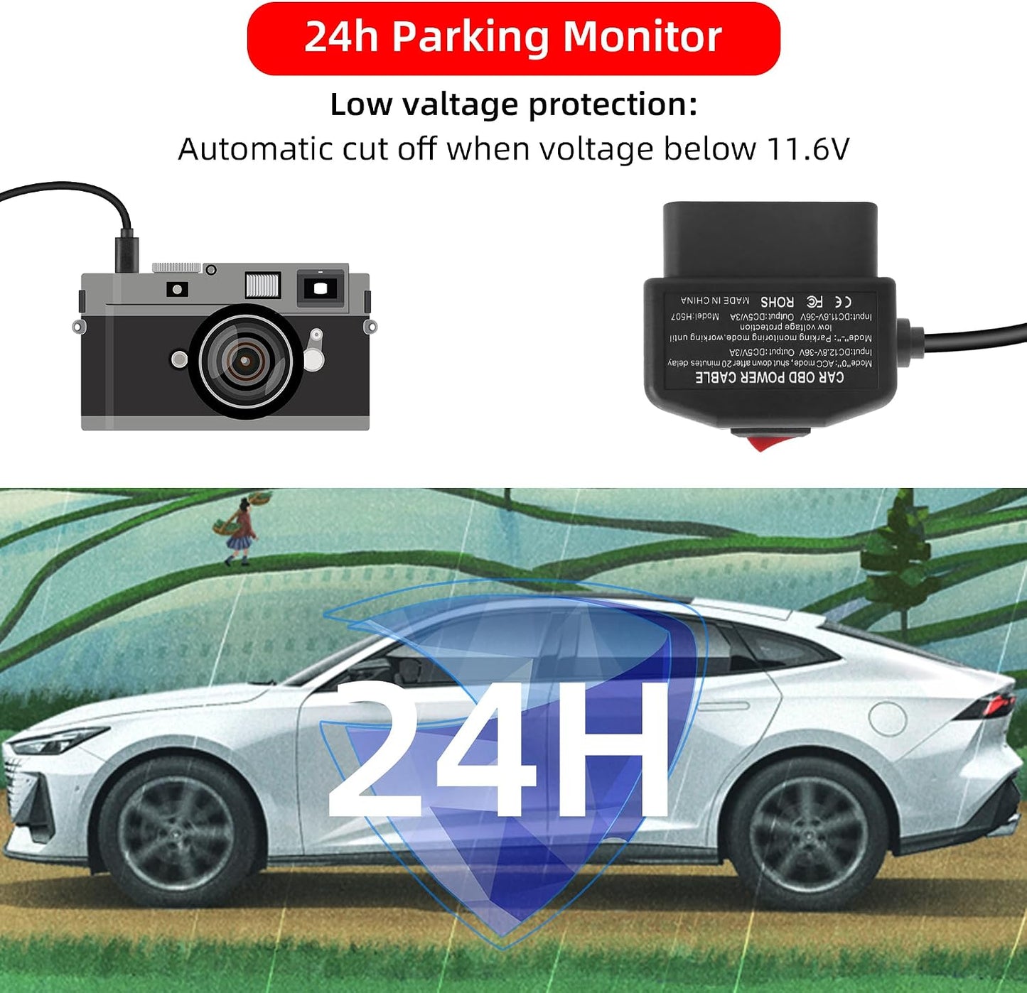 RIIEYOCA OBD2 24 (11.5FT/3.5M) Power Cable for Dash Cam,USB-C to OBD-II Hardwire Adapter with Switch Button Connector