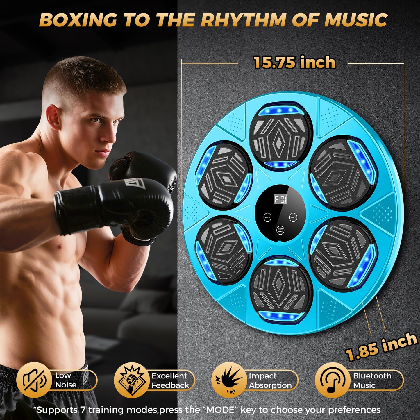 Music Boxing Machine, Wall Mount Punching pad for Kids Adult, Bluetooth Smart Boxing Traineing Machine with Black Gloves, Sport Workout Equipment Target for Home, Office, Gym（Blue