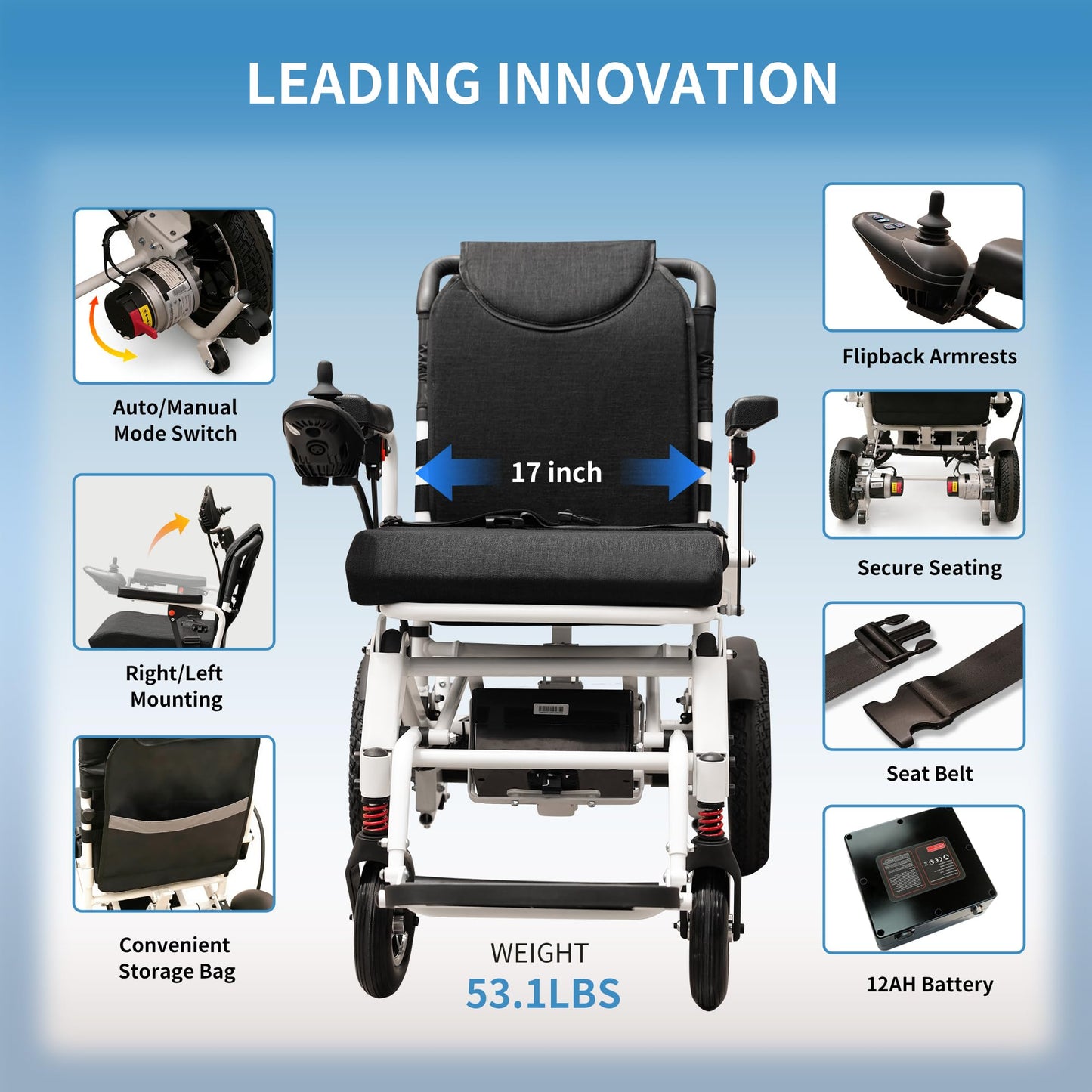 ESHINE Electric Wheelchairs for Adults - Lightweight Foldable Aluminum Power Wheelchair with Removable Battery Anti-Reverse Wheels Airline Approved, Quick 5-Minute Installation