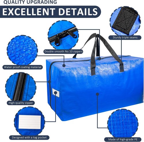Extra Large Moving Bags - Heavy Duty Storage Tote with Strong Handles & Smooth Zipper | 4 Pack for Clothes & Dorm Essentials