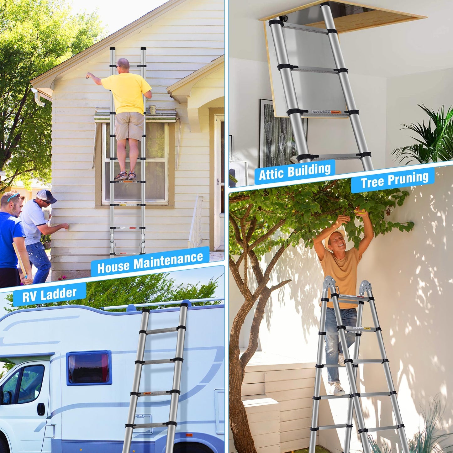 DEZEX Telescoping Ladders 16.5FT A Frame Ladder, Adjustable Folding Extension Ladder, with Anti-Slip Balance Bar & Wheel, Multi-Purpose Collapsible Ladder for Home, Outdoor Work, 330 lbs Capacity