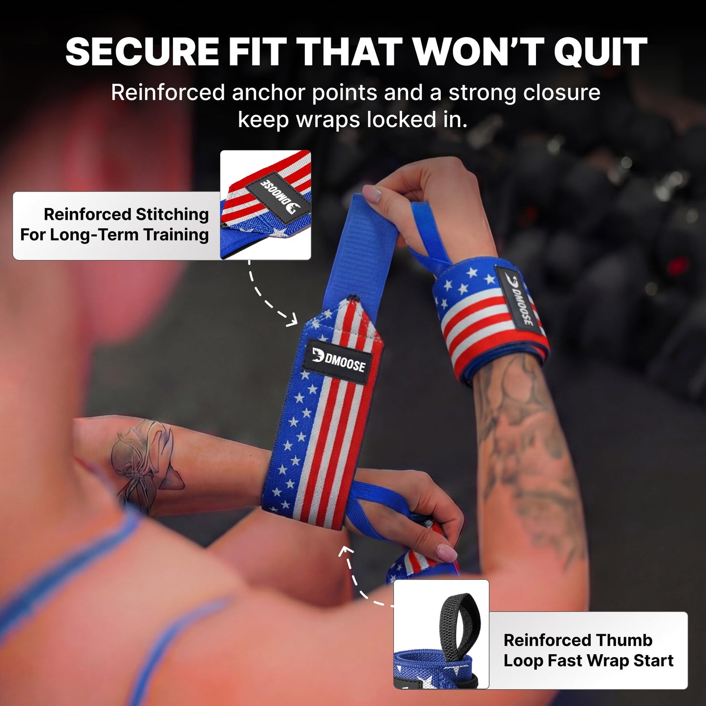 DMoose Wrist Wraps Weightlifting Men 12 and 18 Inches Thumb Loops with Wrist Support for Workouts Powerlifting Wrist Straps for Weight Lifting Men and Women American III
