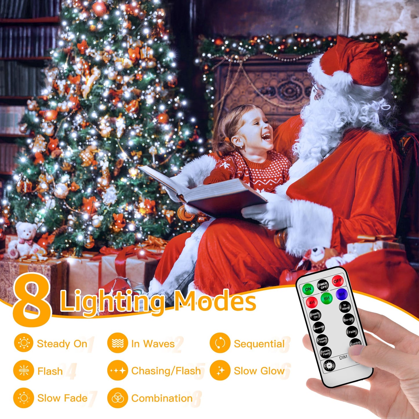 Ccinny Christmas Tree Lights, 300 LED, 8 Modes, Timer & Memory Function, Waterproof, White, Model NYB0300J