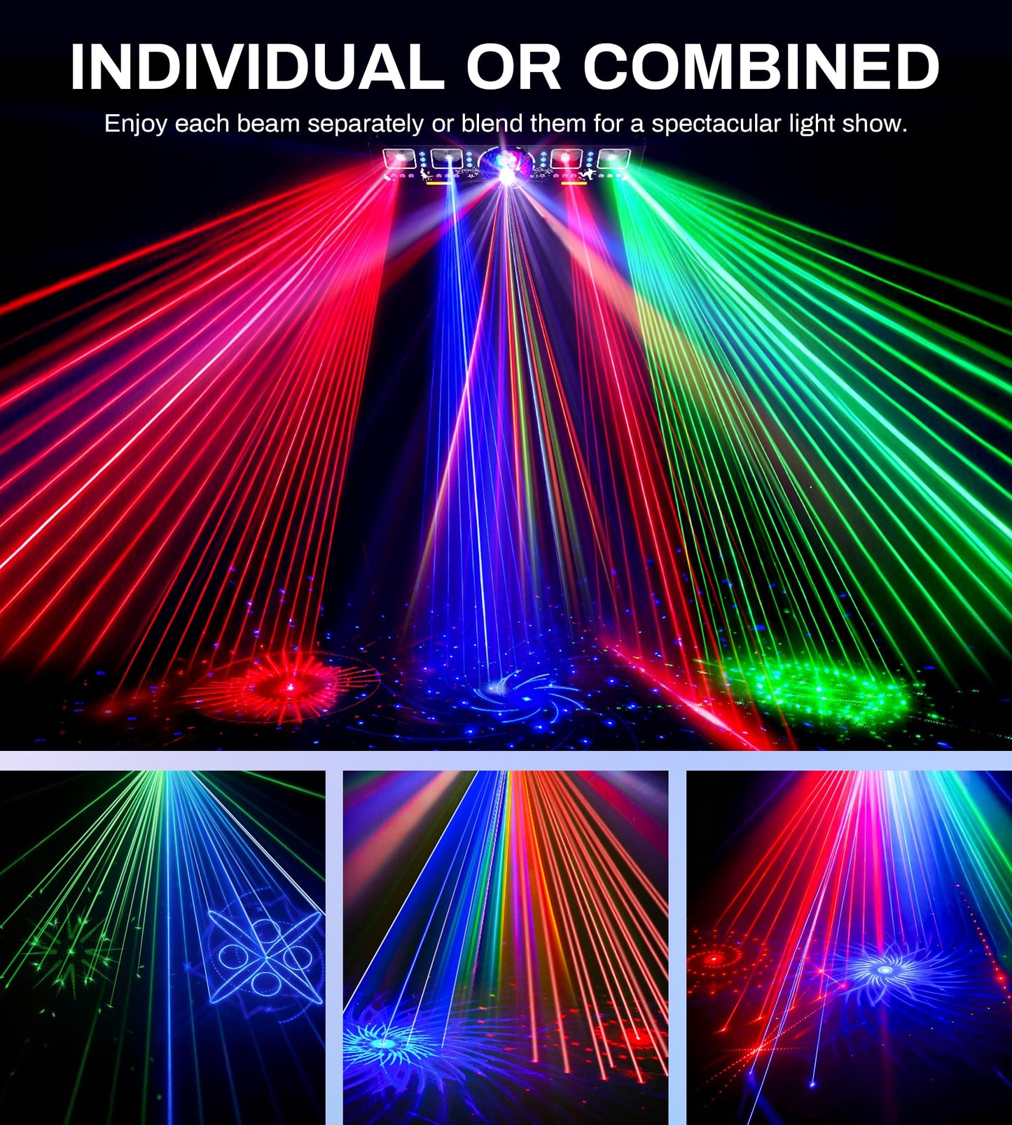 EYTSE DJ Lights for Parties, Pro 8 in 1 DMX512 Laser Light Show with Disco Ball Light, RGB and Gold Strobe,UV Black Lights-Sound Activated LED Lighting for Home, Karaoke, Clubs, Gigs, and DJ Lighting