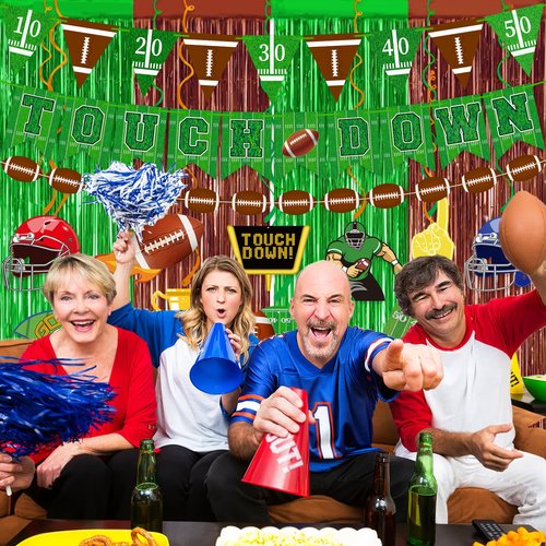 Football Party Decorations 25Pcs Brown Green Football Curtains Pre-Assembled Banner Hanging Swirl Spirals for Football Game Day Sunday Night Photo Booth Backdrops Theme Birthday Party Supplies Decors