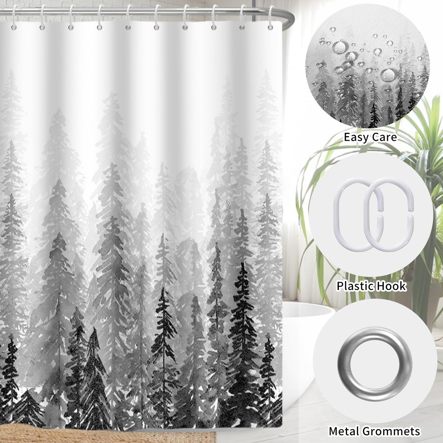 RiePoiia Black and White Misty Forest Shower Curtain for Bathroom,Waterproof Fabric Bathroom Curtains Washable Nature Pine Tree Fog Shower Curtain Set with 12 Pcs Hooks, 72x72 Inch