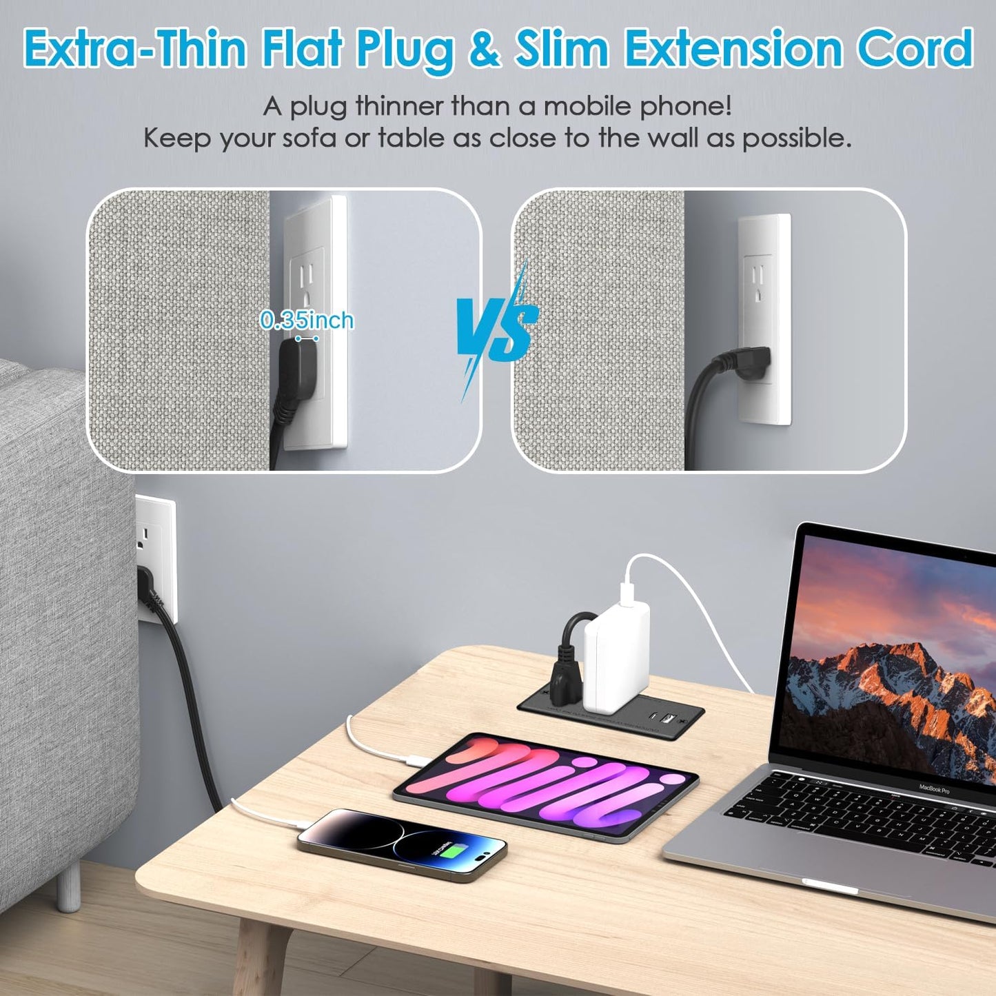 Jgstkcity 20W,Flat Grommet,10ft Recessed Power Strip USB C Plug Ultra Thin Extension Cord,Furniture Desktop Charging