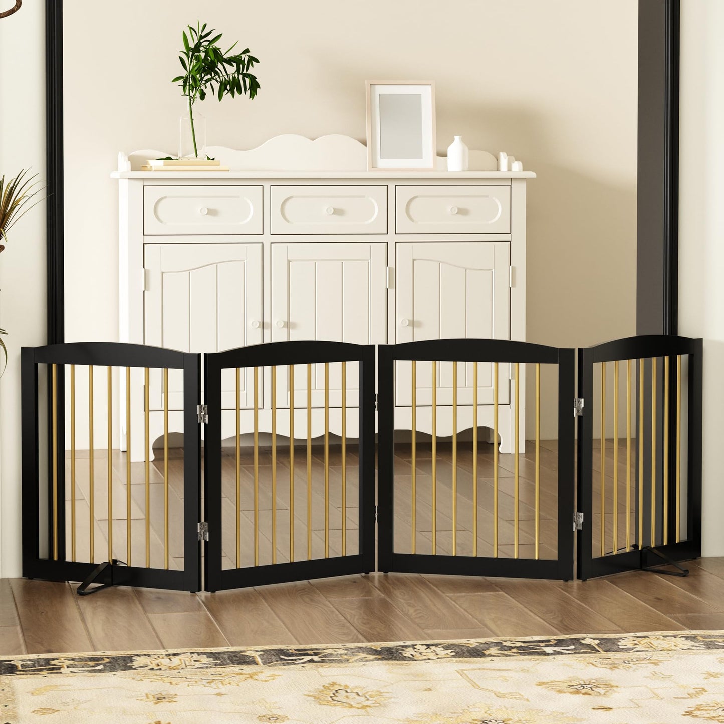 PUPETPO Freestanding Pet Gate for Dogs, Foldable Wooden Dog Gate for House, Indoor Dog Gate for Stairs, Doorways, Step Over Pet Puppy Safety Fence, 80 Inch Wide, 4 Panels 24", Black & Gold