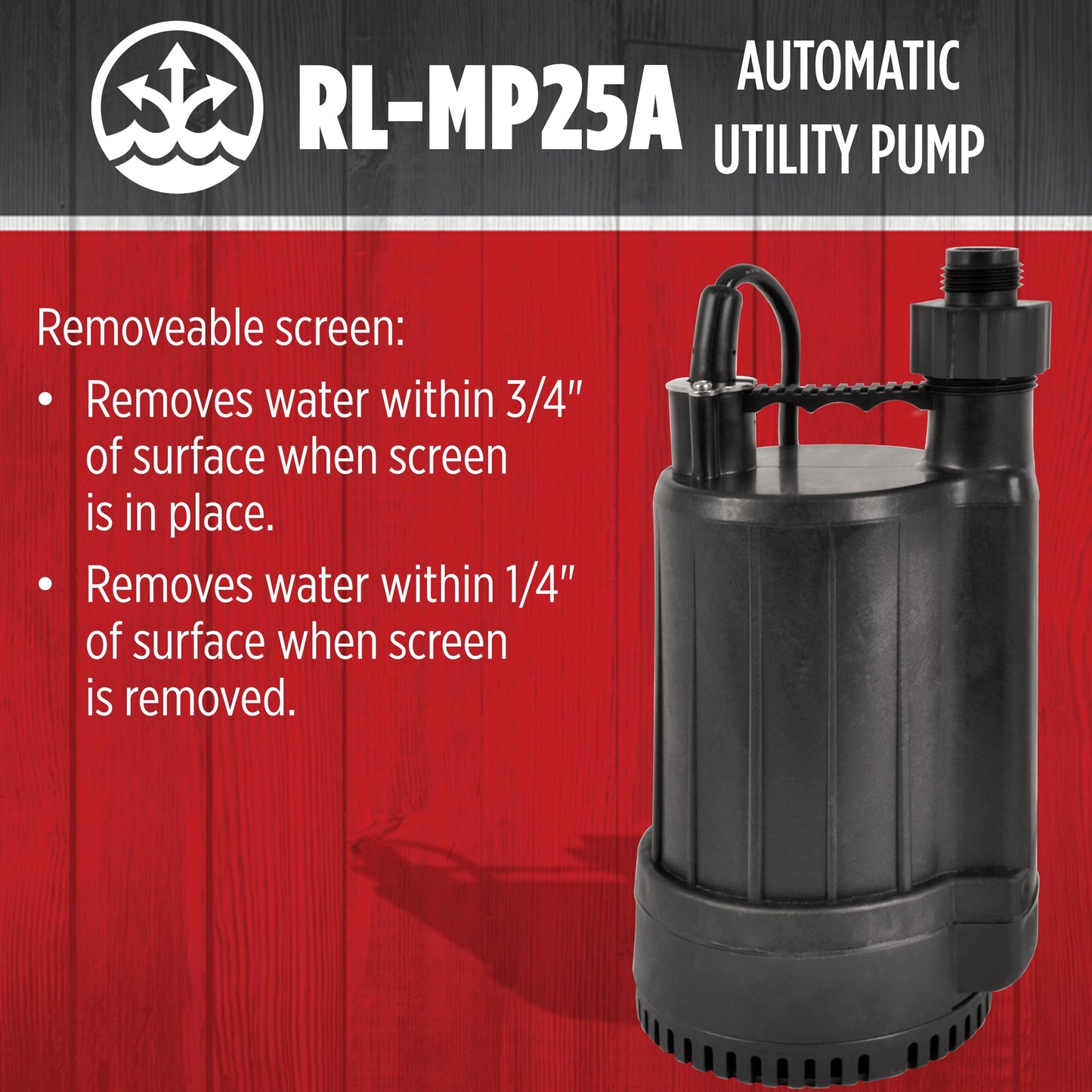 Red Lion RL-MP25A 115 Volt, 1/4 HP 2200 GPH Automatic Thermoplastic Submersible Utility Pump, 10-Ft. Cord, Black, 14942735