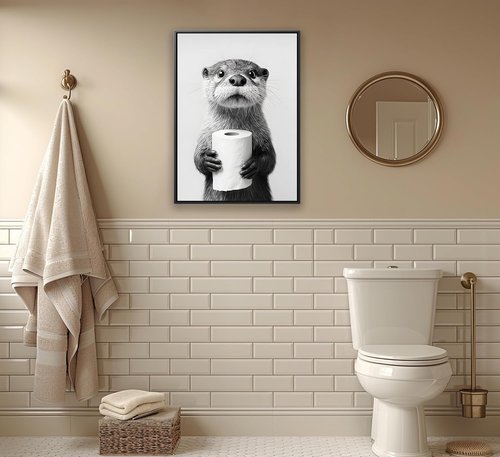 Framed Otter Wall Art - Black and White Funny Bathroom Decor | Farmhouse Toilet Paper Design